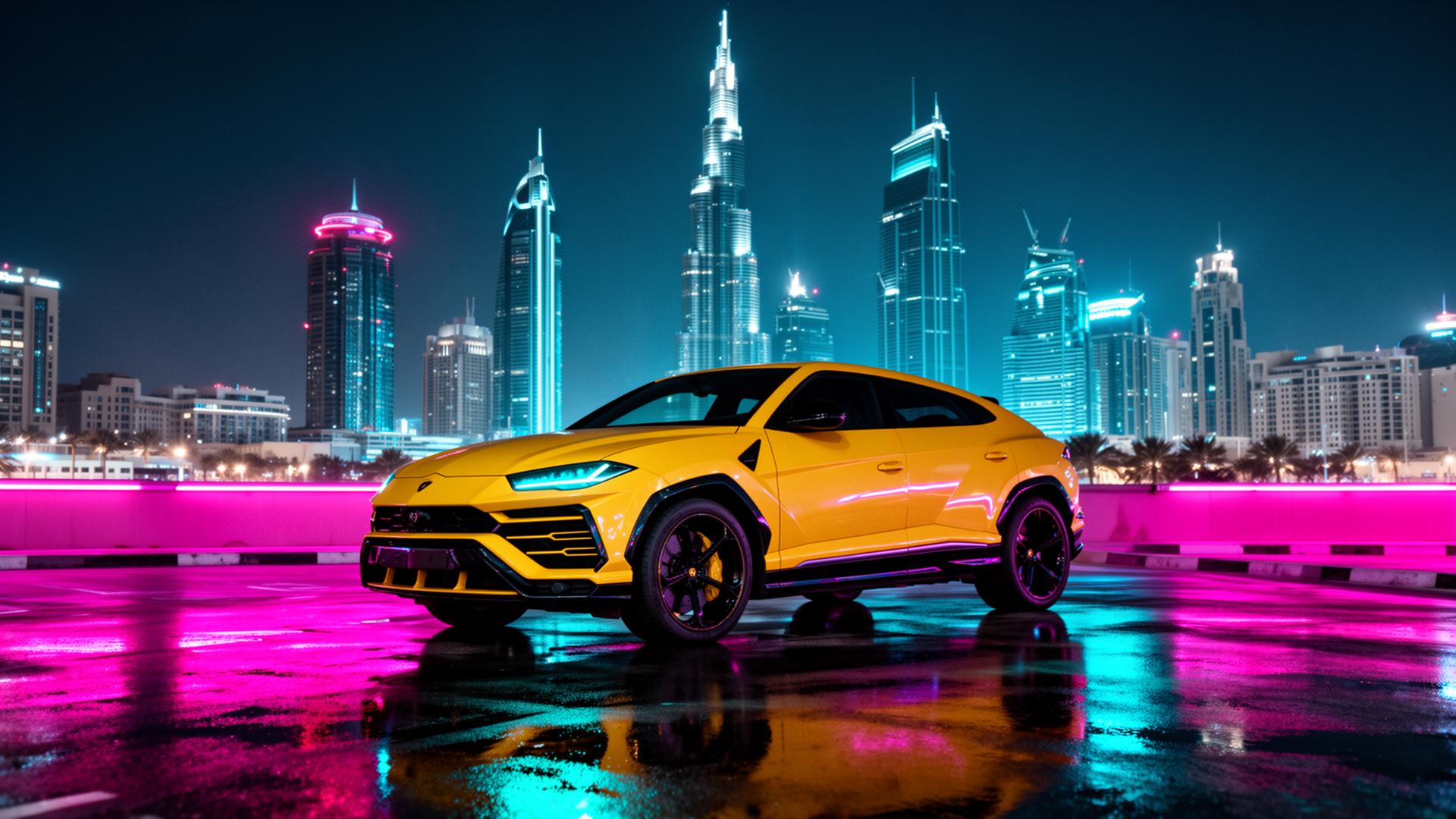Lamborghini Urus parked against the neon-lit Dubai skyline